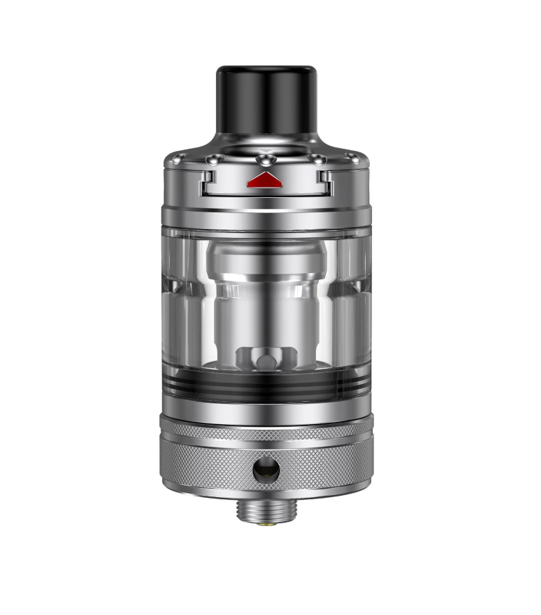 A metallic silver and black vape tank mod with a clear glass water chamber, shown against a plain white background.