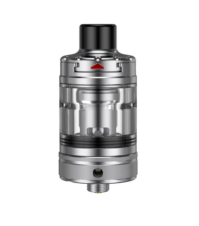 A metallic silver and black vape tank mod with a clear glass water chamber, shown against a plain white background.