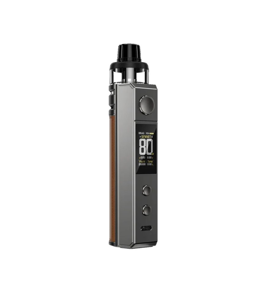 A Vaporesso XROS vape device with a metallic gray body, a brown wood-grain textured grip, and a black tank, shown against a plain white background.