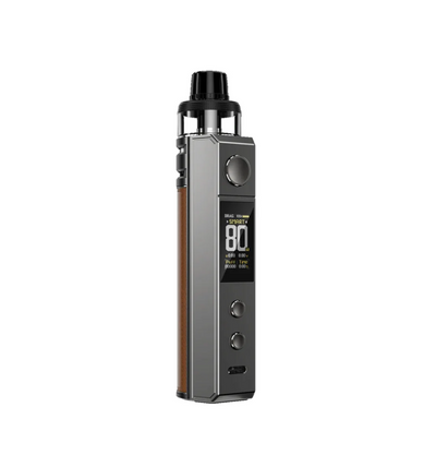 A Vaporesso XROS vape device with a metallic gray body, a brown wood-grain textured grip, and a black tank, shown against a plain white background.
