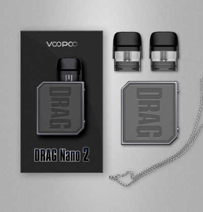 A gray and black DRAG pod mod vape device with a large embossed logo on the front, shown on a plain white background.