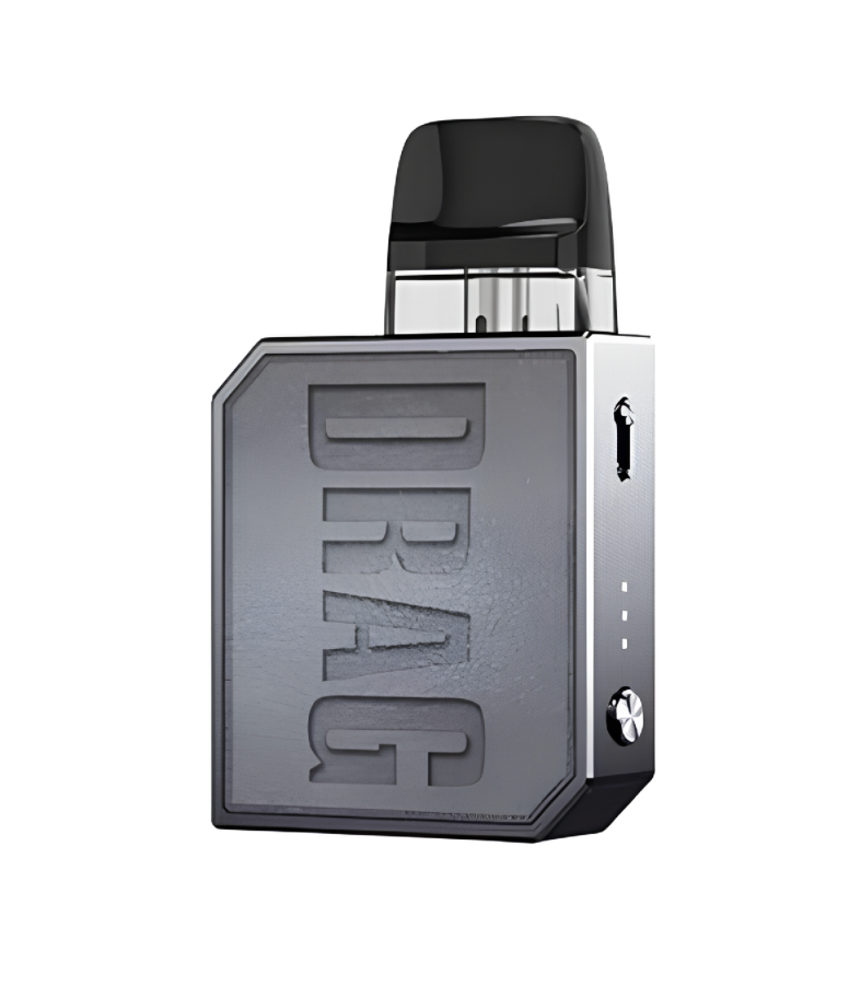 A gray and black DRAG pod mod vape device with a large embossed logo on the front, shown on a plain white background.